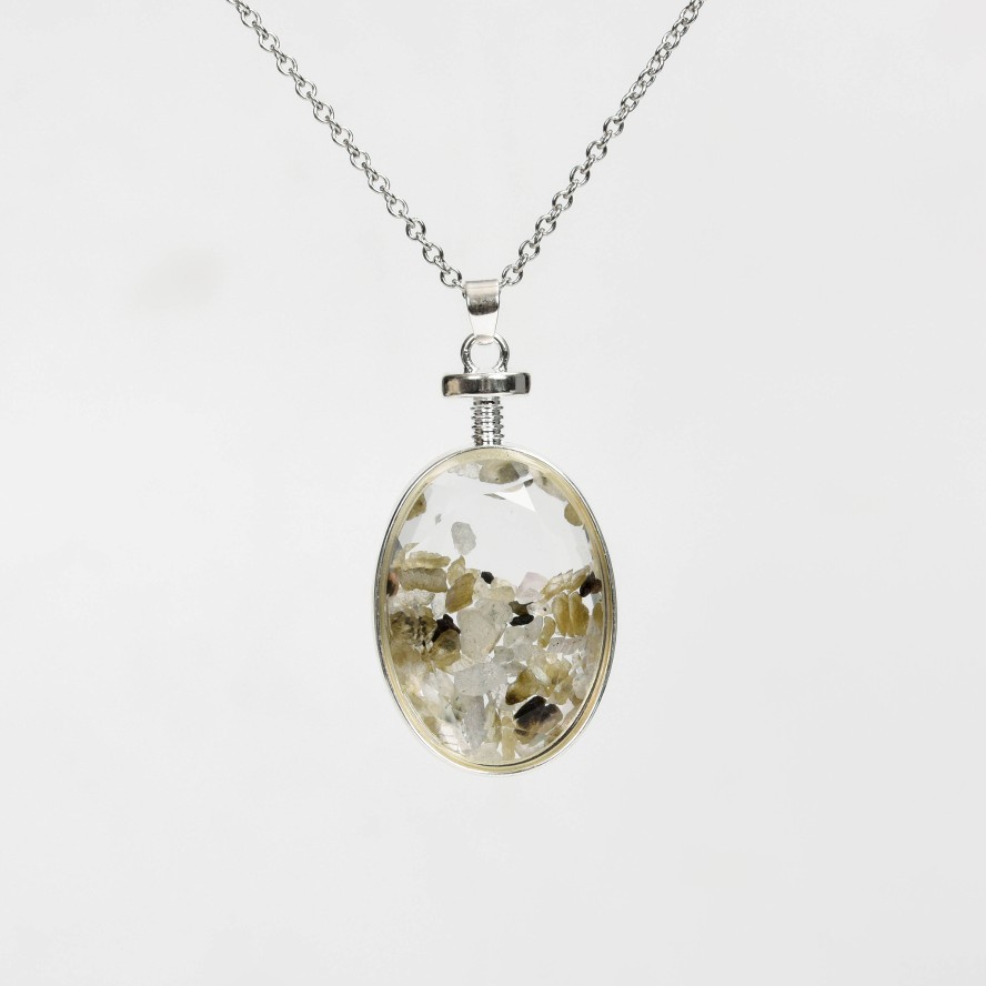 Crystal Chips In Oval Glass Pendant Necklace